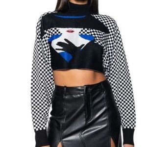 MADEMOISELLE NOIR MOCK NECK CHECKERED KNIT SWEATER
